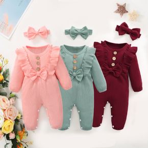 2pcs Baby Girl 95% Cotton Ribbed Long-sleeve Ruffle Bowknot Button Jumpsuit with Headband Set
