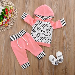 2pcs Heart and Striped Print Hooded Long-sleeve Pink Baby Set