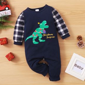 Christmas Dinosaur and Letter Print Baby Boy Plaid Long-sleeve Cotton Jumpsuit