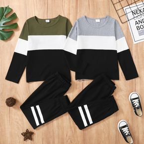2-piece Kid Boy Colorblock Long-sleeve Top and Striped Pants Set