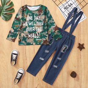 2-piece Toddler Boy Letter Camouflage Print Long-sleeve Tee and Ripped Denim Overalls Set