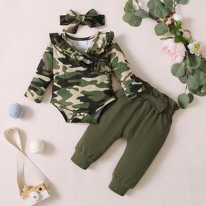 3pcs Baby Leopard Long-sleeve Ruffle Romper and Solid Trousers Set