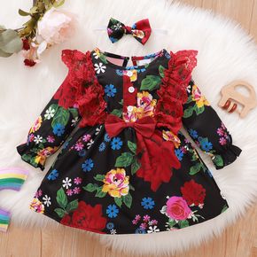 2pcs Baby Lace Splicing All Over Floral Print Black Long-sleeve Dress Set