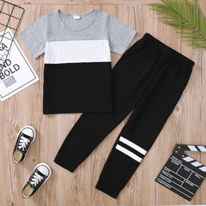 2-piece Kid Boy Colorblock Casual T-shirt and Striped Elasticized Pants Casual Sporty Set