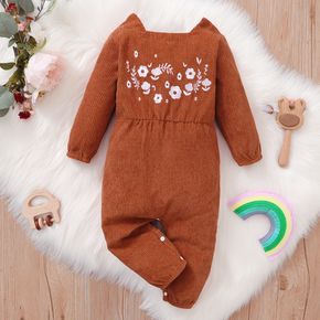 Baby Girl Floral Embroidered Solid Square Neck Long-sleeve Corduroy Jumpsuit