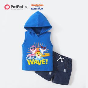 Baby Shark 2-piece Toddler Boy Cotton Hooded Tank Top and DenimShorts Set
