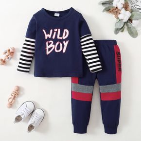 2-piece Toddler Boy Letter Print Striped Pullover Sweatshirt and Colorblock Pants Set