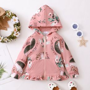 Toddler Girl Floral Animal Print Zipper Ruffle Hem Hooded Jacket