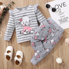 2-teiliges Baby-Set aus 95 % Baumwolle mit langen Ärmeln, Cartoon-Elefantendruck, grau gestreiftes Oberteil und Hose