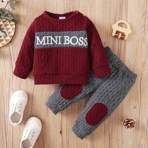 2-piece Baby Girl/Boy 95% Cotton Long-sleeve Letter Print Cable Knit Textured Sweater and Pants Set