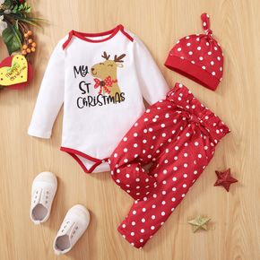 Christmas 3pcs Baby Girl Cartoon Deer and Letter Print Long-sleeve Romper with Polka Dots Trousers Set