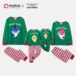 Baby Shark Family Matching Christmas Green Top and Stripe Pants Pajamas Sets