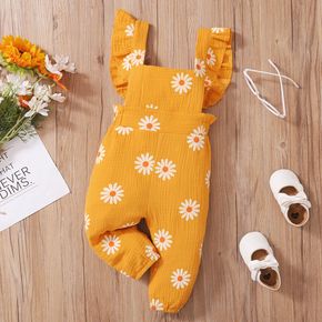100% Cotton Baby Girl All Over Daisy Floral Print Sleeveless Ruffle Crepe Overalls