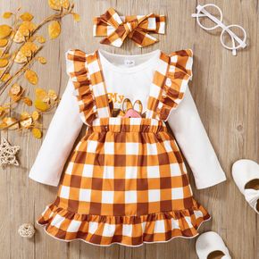 2-piece Baby Girl Thanksgiving Letter Animal Print Lace Design Long-sleeve Romper and Ruffled Plaid Suspender Skirt Set