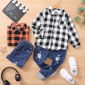 2-piece Kid Boy Lapel Collar Button-Down Long-sleeve Plaid Shirt and Ripped Denim Jeans Set