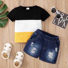 2pcs Baby Boy Colorblock Short-sleeve T-shirt and Ripped Denim Shorts Set