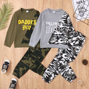 2-piece Kid Boy Letter Camouflage Print Colorblock Pullover Sweatshirt and Pants Set