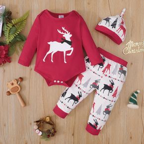 Christmas 3pcs Baby Reindeer Print Red Long-sleeve Cotton Romper and Trousers Set