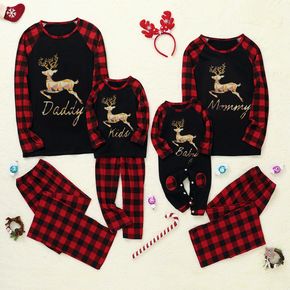 Christmas Reindeer and Letter Print Family Matching Red Plaid Raglan Long-sleeve Pajamas Sets (Flame Resistant)