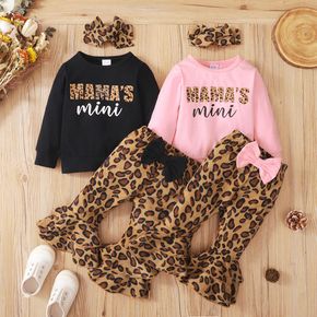 3pcs Baby Girl Letter Print Long-sleeve Top and Leopard Flared Pants Set