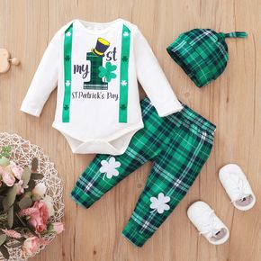 St. Patrick's Day 3pcs Baby Boy Four-leaf Clover Letter Print Long-sleeve Romper and Plaid Trousers with Hat Set