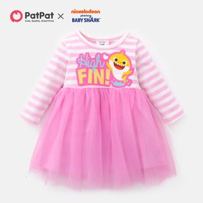 Baby Shark Baby Girl Cotton Strip and Mesh Dress