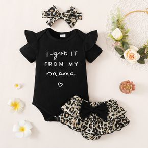 3pcs Baby Girl Letter Embroidered Black Ribbed Short-sleeve Romper and Leopard Layered Shorts with Headband Set