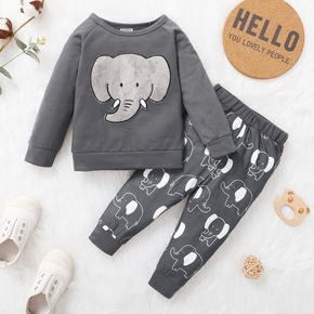 2pcs Baby Boy Cartoon Elephant Pattern Dark Grey Long-sleeve Pullover and Trousers Set