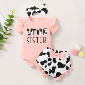 3pcs Baby Girl Letter Print Pink Ruffle Short-sleeve Romper and Cow Print Shorts with Headband Set