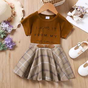 2pcs Baby Girl Letter Print Short-sleeve Tee and Plaid Skirt Set