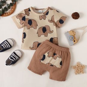 2pcs Baby Boy 100% Cotton Crepe Shorts and Allover Cartoon Elephant Print Short-sleeve Tee Set
