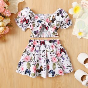 2pcs Baby Girl All Over Butterfly and Floral Print Puff-sleeve Bowknot Shirred Crop and Skirt Set