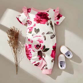 Baby Mädchen ganz über rosa Blumendruck Rüschen Kurzarm-Jumpsuit