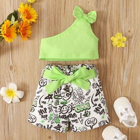 2-teiliges Baby-Mädchen-Baumwoll-Sleeveless-Crop-Top mit einer Schulter und Gürtel-Comic-Shorts-Set