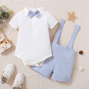 100% Baumwolle 2-teiliges Baby-Herren-Outfit, fester Kurzarm-Strampler mit Fliege und Hosenträger-Shorts-Set