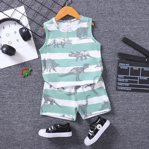 2pcs Toddler Boy Playful Dinosaur Print Striped Tank Top and Shorts Set