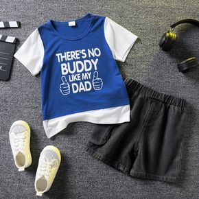 Father's Day 2pcs Toddler Boy Trendy Pocket Design Denim Shorts and Letter Print Splice Tee Set