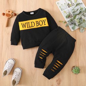 2pcs Baby Boy 95% Cotton Long-sleeve Letter Print Colorblock Sweatshirt and Ripped Sweatpants Set