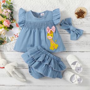 100% Cotton 3pcs Baby Girl Giraffe Embroidered Imitation Denim Flutter-sleeve Top and Layered Shorts with Headband Set