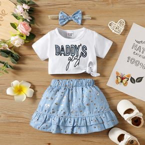 3pcs Baby Girl 95% Cotton Short-sleeve Letter Embroidered Knot Front Crop Top and Allover Stars Print Ruffle Skirt with Headband Set