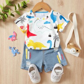 2pcs Baby Boy/Girl 100% Cotton Ripped Denim Shorts and Cartoon Dinosaur Print Short-sleeve T-shirt Set