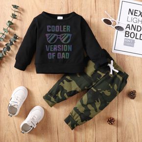 2pcs Baby Boy 95% Cotton Long-sleeve Colorful Letter & Sunglasses Print Sweatshirt and Camouflage Pants Set