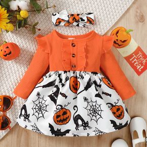 Halloween 2pcs Baby Girl 95% Cotton Long-sleeve Rib Knit Ruffle Trim Spliced Allover Print Dress with Headband Set