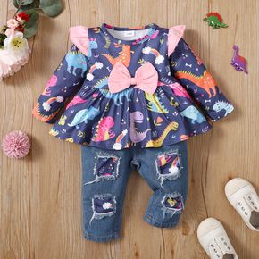 2pcs Baby Girl 95% Cotton Ripped Jeans and Allover Dinosaur Print Ruffle Bow Front Long-sleeve Top Set