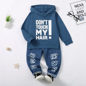 2pcs Toddler Boy Trendy Patchwork Ripped Denim Jeans and Letter Print Hoodie Sweatshirt Set