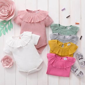 Ribbed Solid Flounce Decor Short-sleeve Baby Romper