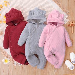 Baby Girl/Boy Textured Solid Color Ear Design Hooded Long-sleeve Jumpsuit
