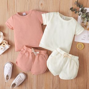 2pcs Baby Boy/Girl Solid Waffle Short-sleeve T-shirt and Shorts Set