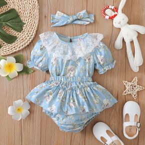 3pcs Baby Girl Allover Floral Print Blue Puff-sleeve Lace Top and Shorts with Headband Set