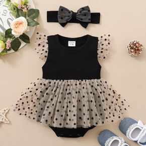 Dress Like Wind Baby Girl 2pcs 100% Cotton Polka Dots Splice Flutter-sleeve Apricot or Black Romper with Headband Set